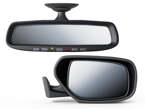 Car back and side mirror isolated on white background. 3D illustration.