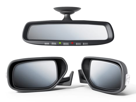 Car back and side mirrors isolated on white background. 3D illustration.