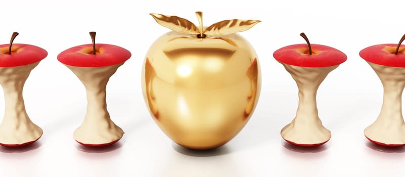 Golden apple standing out among eaten apple cores. 3D illustration.