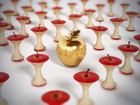 Golden apple standing out among eaten apple cores. 3D illustration.