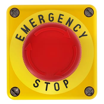 Emergency stop button isolated on white background. 3D illustration.