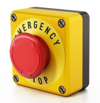 Emergency stop button isolated on white background. 3D illustration.