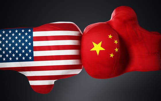 American and Chinese flag textured boxing gloves on black. 3D illustration.