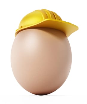Brown egg with yellow hardhat. 3D illustration.