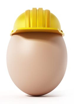 Brown egg with yellow hardhat. 3D illustration.
