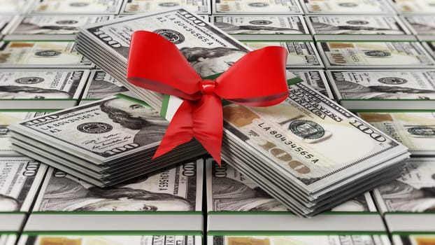 100 dollar money bills with red ribbon. Business and success concept. 3D illustration.