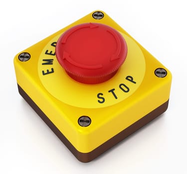 Emergency stop button isolated on white background. 3D illustration.
