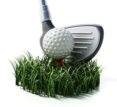 Grass, golf club and ball isolated on white background. 3D illustration.