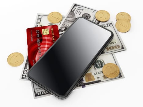 Smartphone, credit card and dollar bills isolated on white background. 3D illustration.