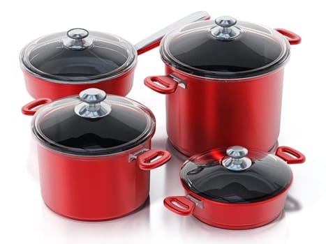 Cooking pots in various size isolated on white background. 3D illustration.