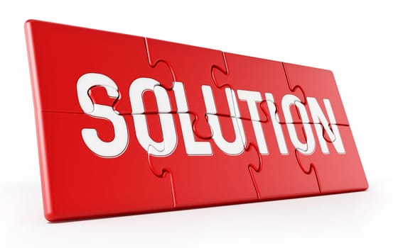 Jigsaw puzzle pieces forming solution text. 3D illustration.