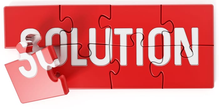 Jigsaw puzzle pieces forming solution text. 3D illustration.