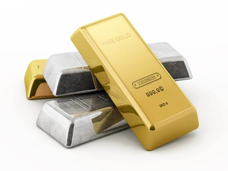 Gold and silver ingots isolated on white background. 3D illustration.