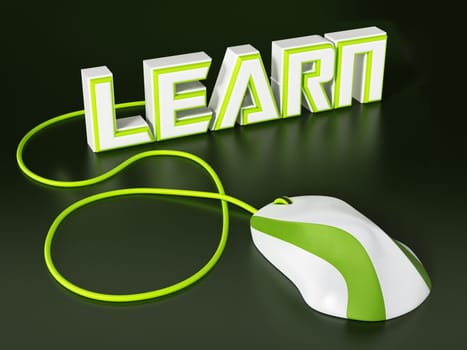 Cable mouse connected to learn text. 3D illustration.