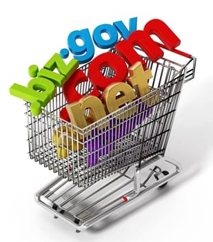 Domain names inside shopping cart. 3D illustration.