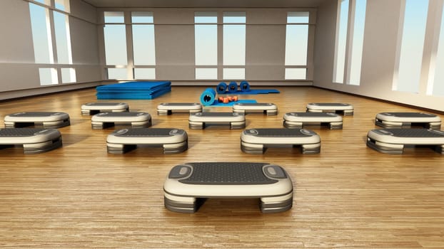 Step boards arranged inside the gym or fitness center. 3D illustration.