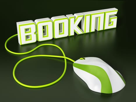Cable mouse connected to booking text. 3D illustration.