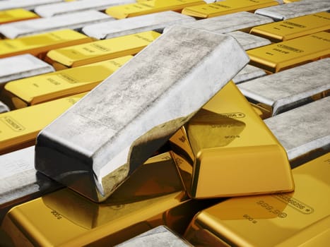 Gold and silver ingots isolated on white background. 3D illustration.