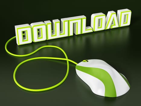 Cable mouse connected to download text. 3D illustration.