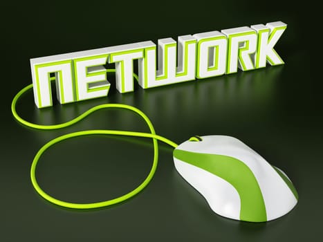 Cable mouse connected to network text. 3D illustration.