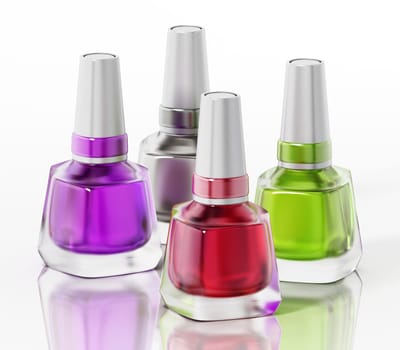 Four bottles of nail polish isolated on white background. 3D illustration.