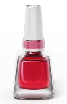 Red nail polish glass bottle isolated on white background. 3D illustration.