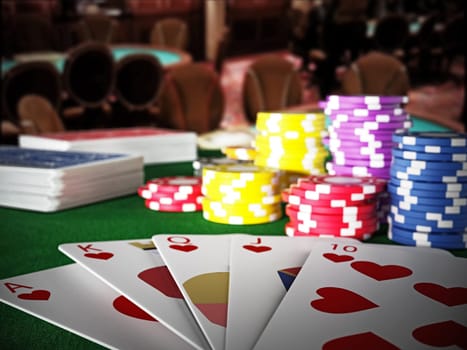 Poker royal flush hand and casino hands standing on poker table. 3D illustration.
