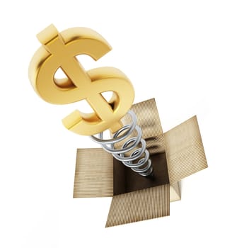 Gold dollar symbol popping out of the cardboard box. 3D illustration.