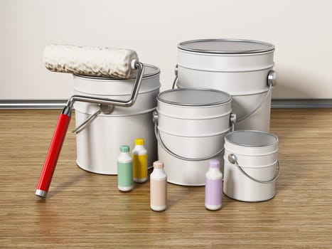 Paint cans, roller and color tubes standing on hardwood floor. 3D illustration.
