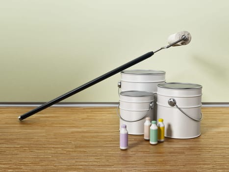 Paint cans, roller and color tubes standing on hardwood floor. 3D illustration.
