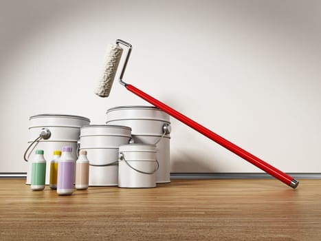 Paint cans, roller and color tubes standing on hardwood floor. 3D illustration.