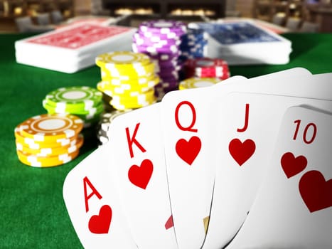Poker royal flush hand and casino hands standing on poker table. 3D illustration.