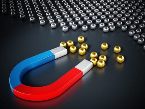 Horseshoe magnet pulling chrome spheres. 3D illustration.