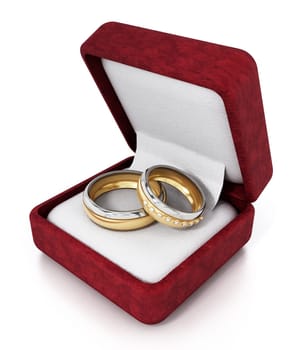 Wedding rings inside red velvet ringbox. 3D illustration.