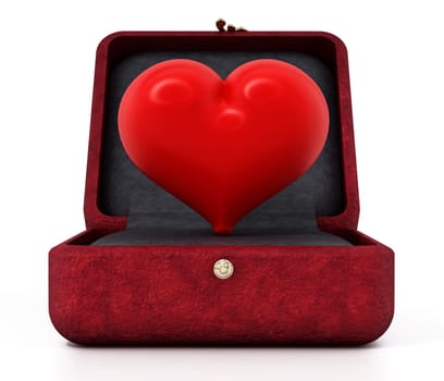 Red heart inside red velvet ringbox. 3D illustration.