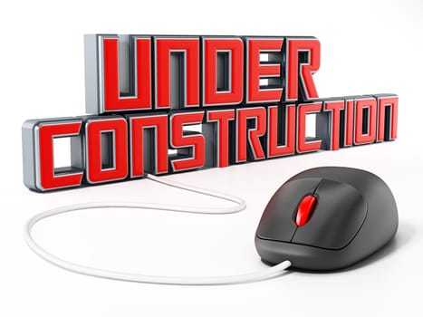 Cable mouse connected to under construction text. 3D illustration.
