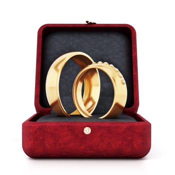Wedding rings inside red velvet ringbox. 3D illustration.
