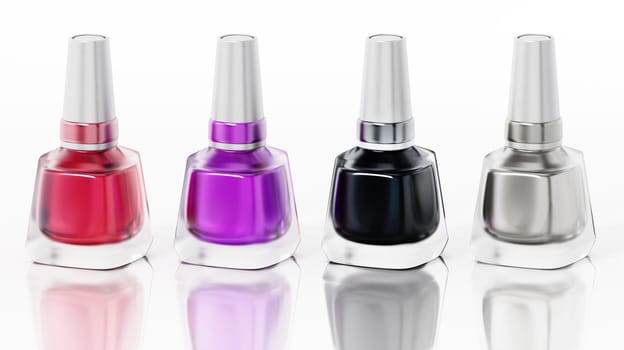 Four bottles of nail polish isolated on white background. 3D illustration.