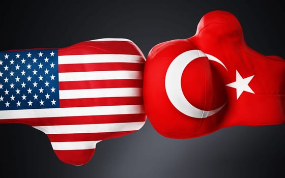 American and Turkish flag textured boxing gloves on black. 3D illustration.