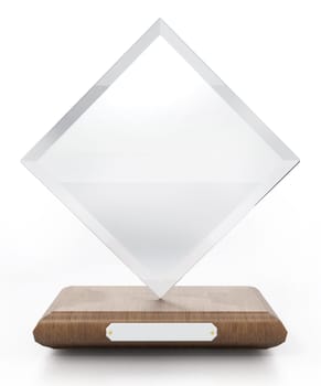 Acrylic prize with blank nameplate isolated on white background. 3D illustration.