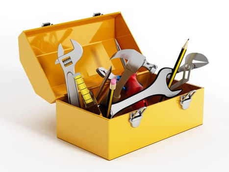 Yellow toolbox with hand tools. 3D illustration.