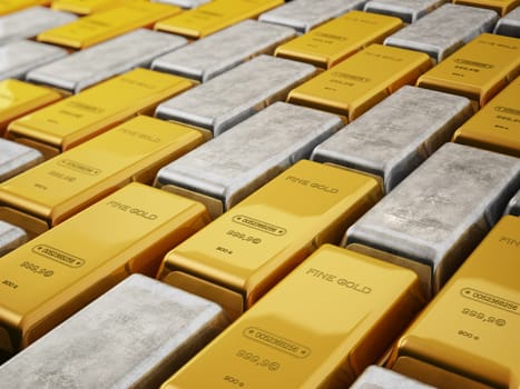 Gold and silver ingots isolated on white background. 3D illustration.