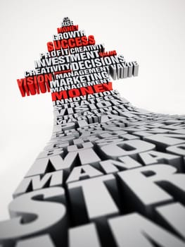 Rising arrow consisting of arranged words. Business and success concept. 3D illustration.