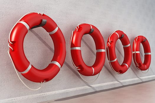Life buoys hanging on the wall. 3D illustration.
