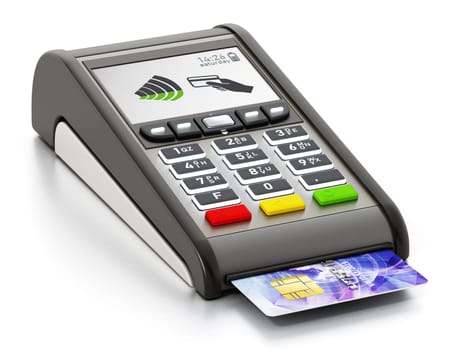 POS machine and credit card isolated on white background. 3D illustration.