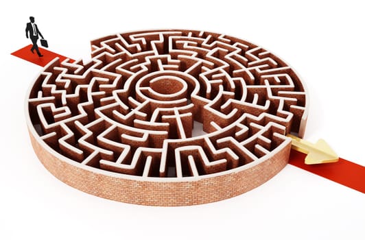 Silhouette of a businessman standing at the door of round maze. 3D illustration.