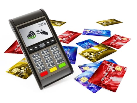 POS machine and credit cards isolated on white background. 3D illustration.