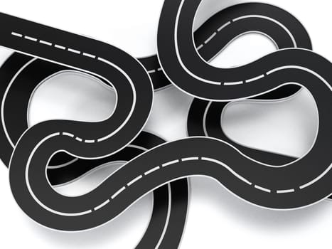 Tangled road isolated on white background. 3D illustration.