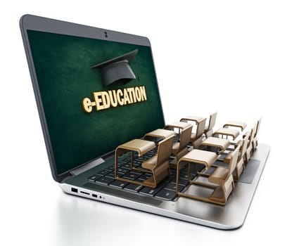 Student desks on laptop computer keyboard. 3D illustration.