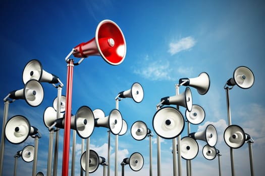Red megaphone covering higher ground stands out among others. 3D illustration.